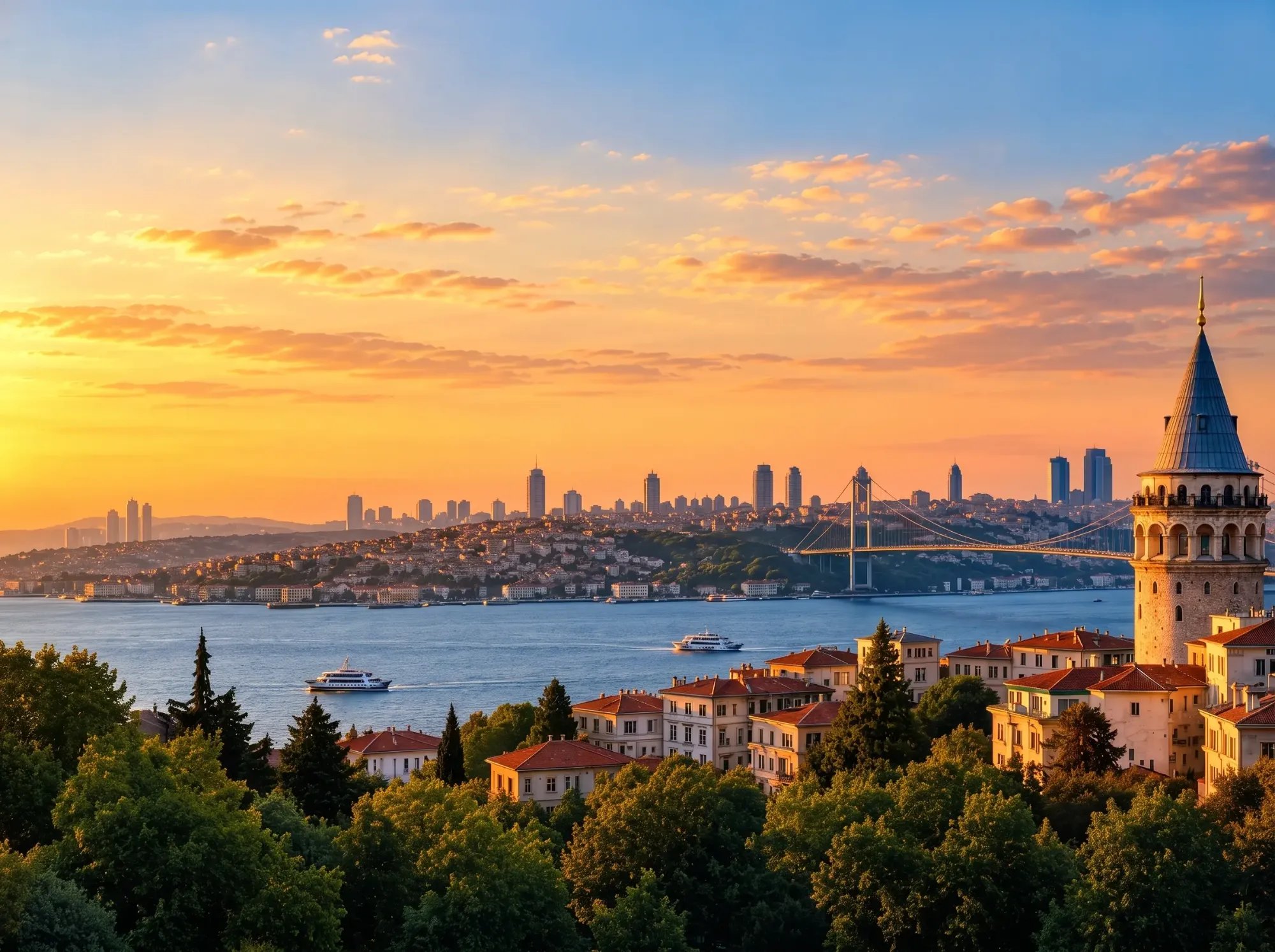 The Bosphorus, the Galata Tower and the İstanbul skyline at sunset